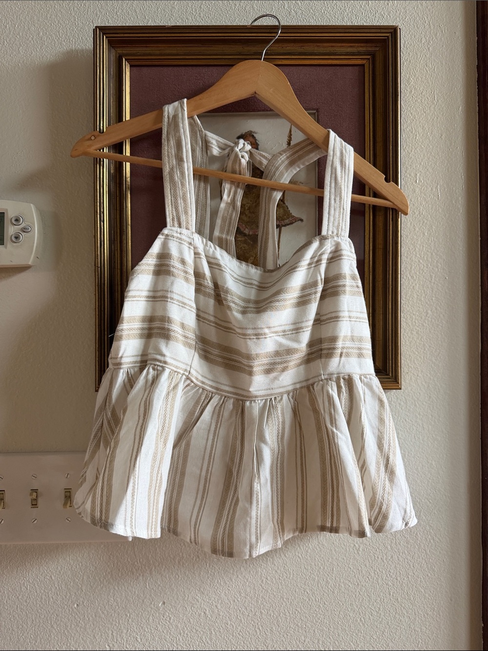 Hem & Thread Cream and Tan Striped Peplum Tank